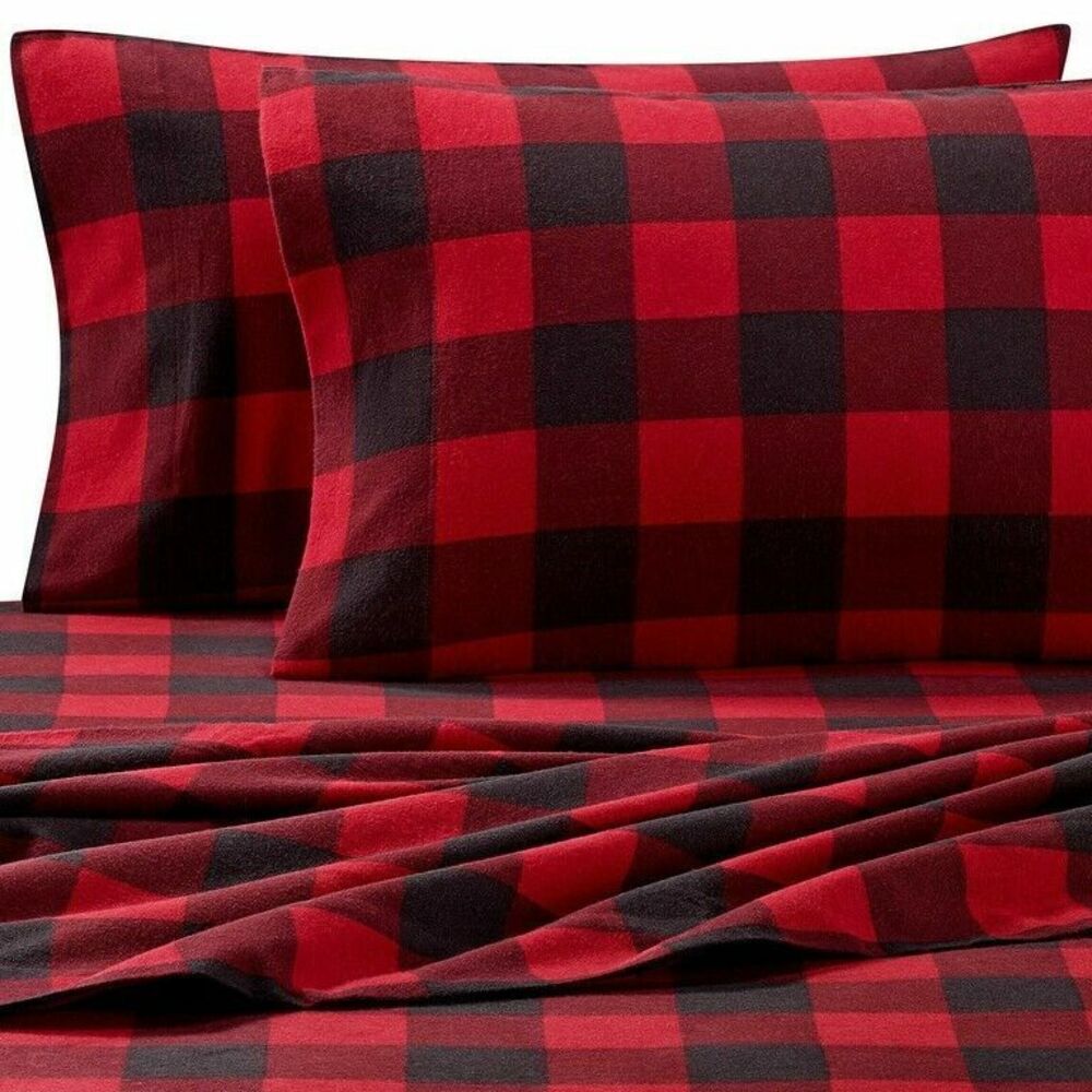 Luxury Seasons Buffalo Check Plaid King Flannel Sheets Set Heavyweight Red Black